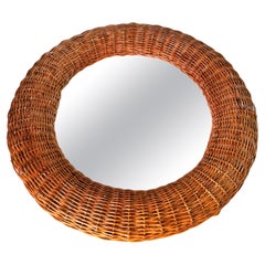 Midcentury French Riviera Rattan and Bamboo Rond Wall Mirror, Italy 1960s