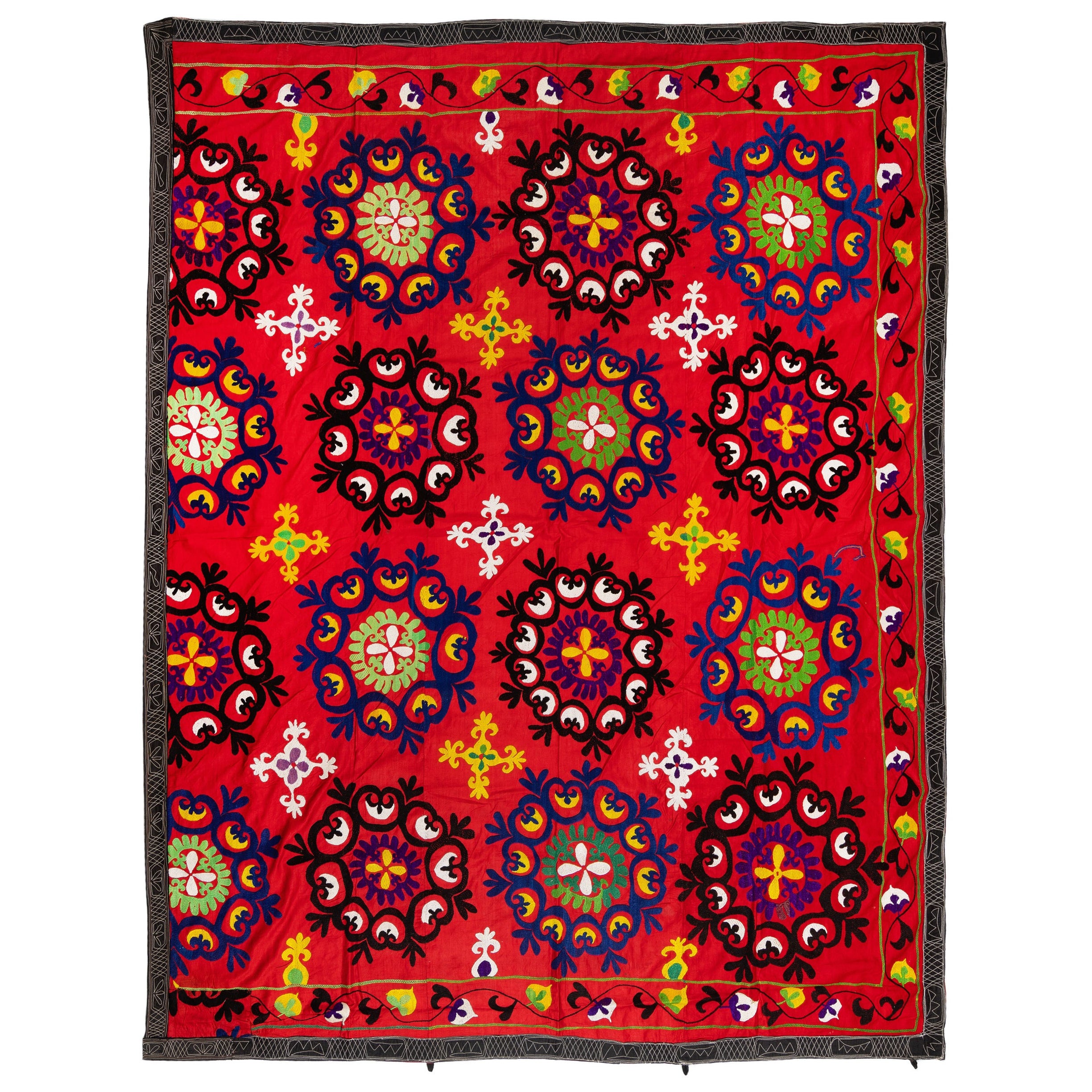 6x7,5 Ft Vintage bestickte Vintage-Bettbezug aus Seide, roter Wandbezug, traditioneller Überwurf im Angebot