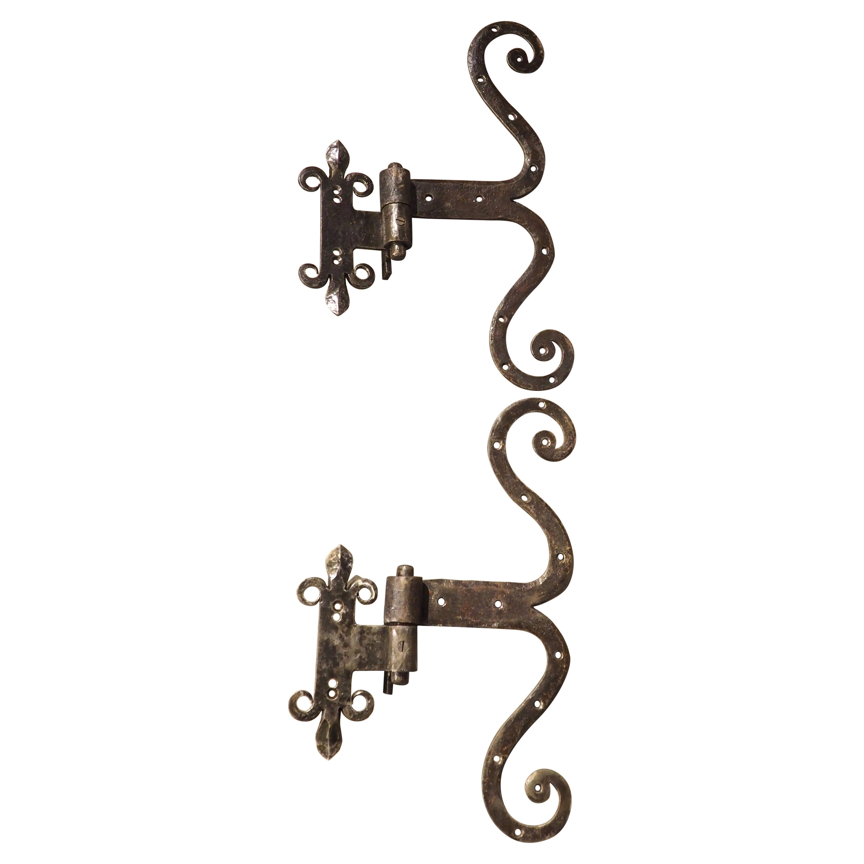 Pair of French Wrought Iron Fleur De Lys Door Hinges, Early 20th C.