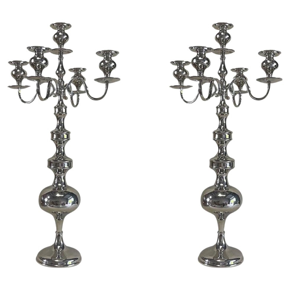 21st Century Belgian Pair of Tall Five Nickel Light Candelabras For Sale