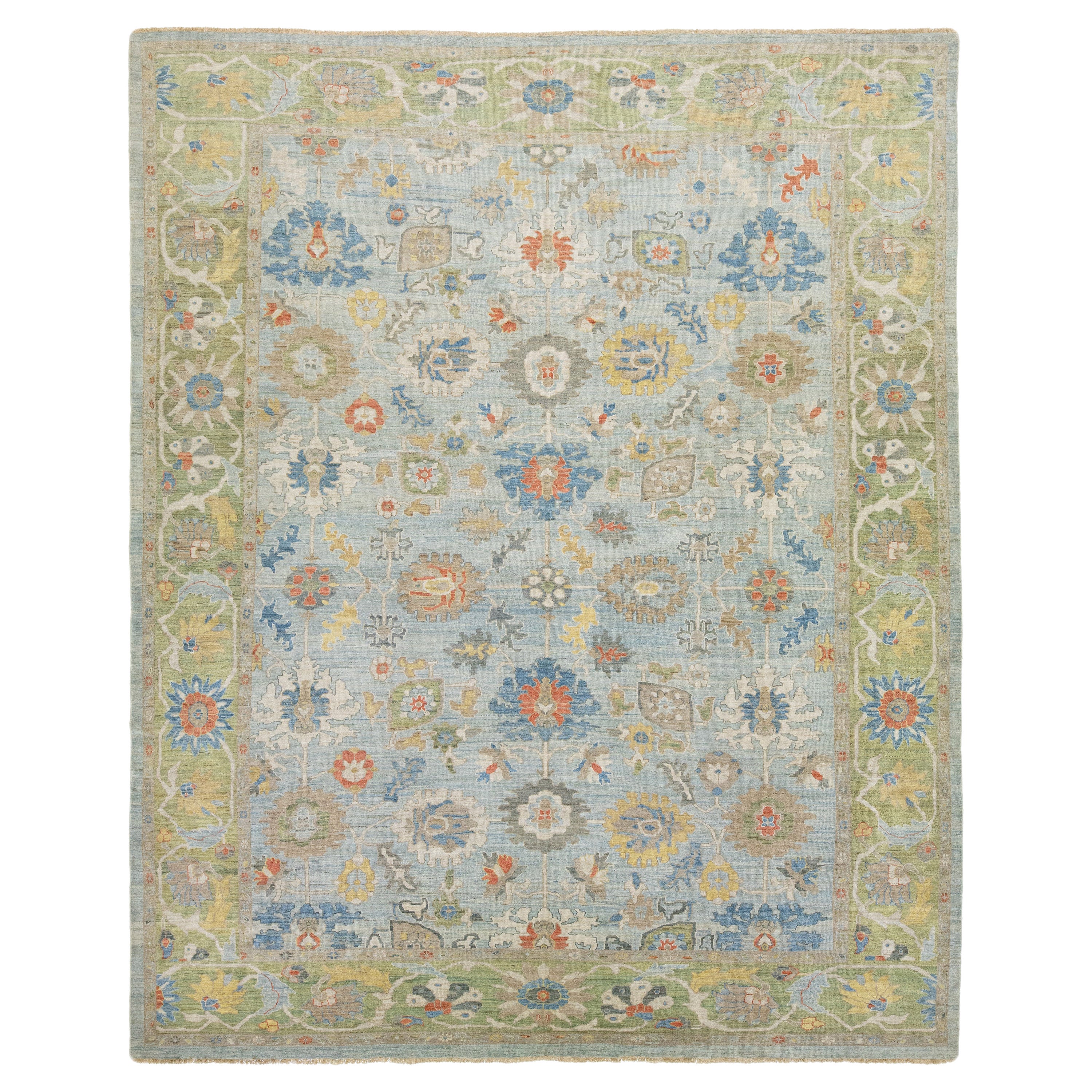 Apadana's Designed Sultanabad Modern Wool Rug Handmade In Blue and Green