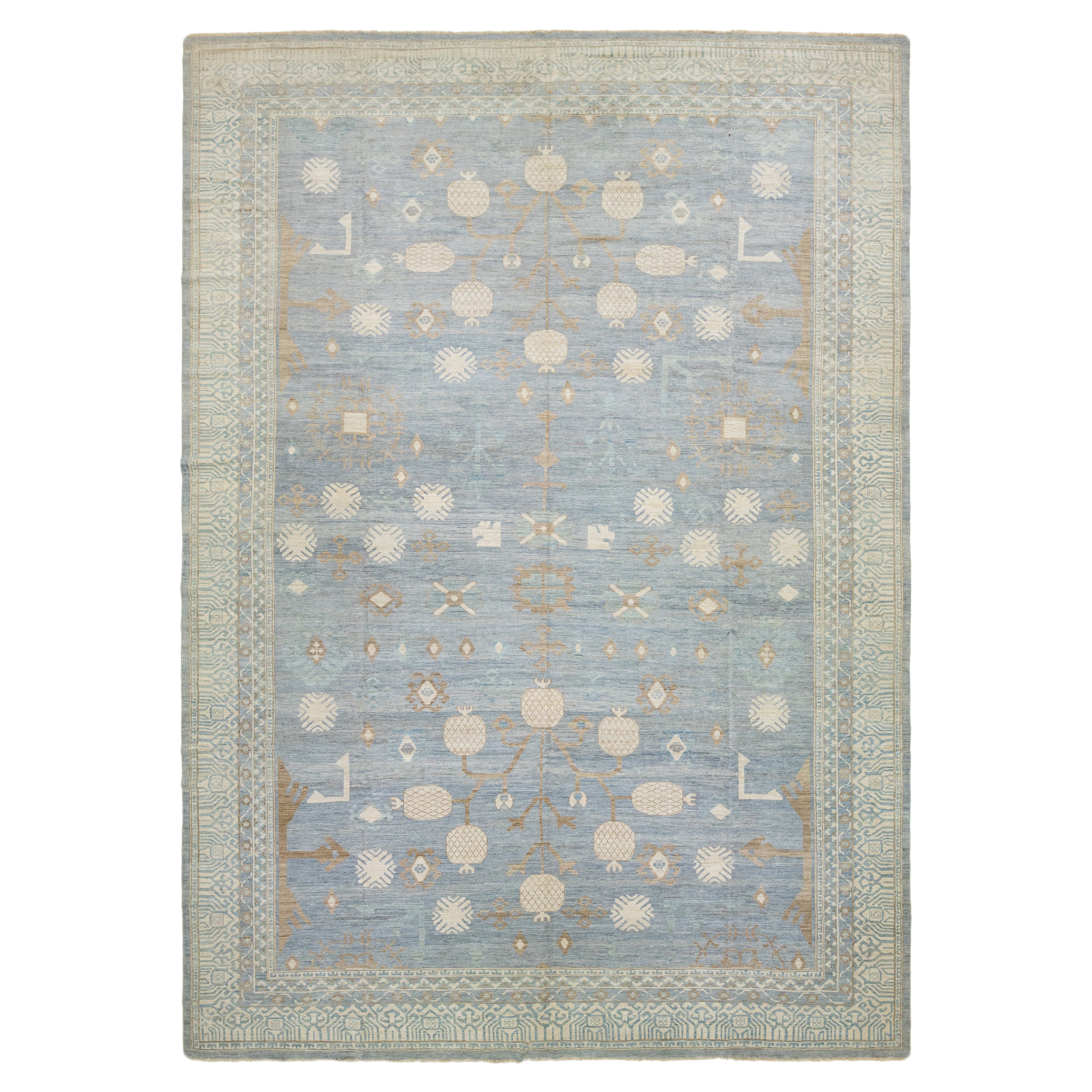 Modern Oversized Khotan Style Wool Rug Handmade In Blue With Geometric Design
