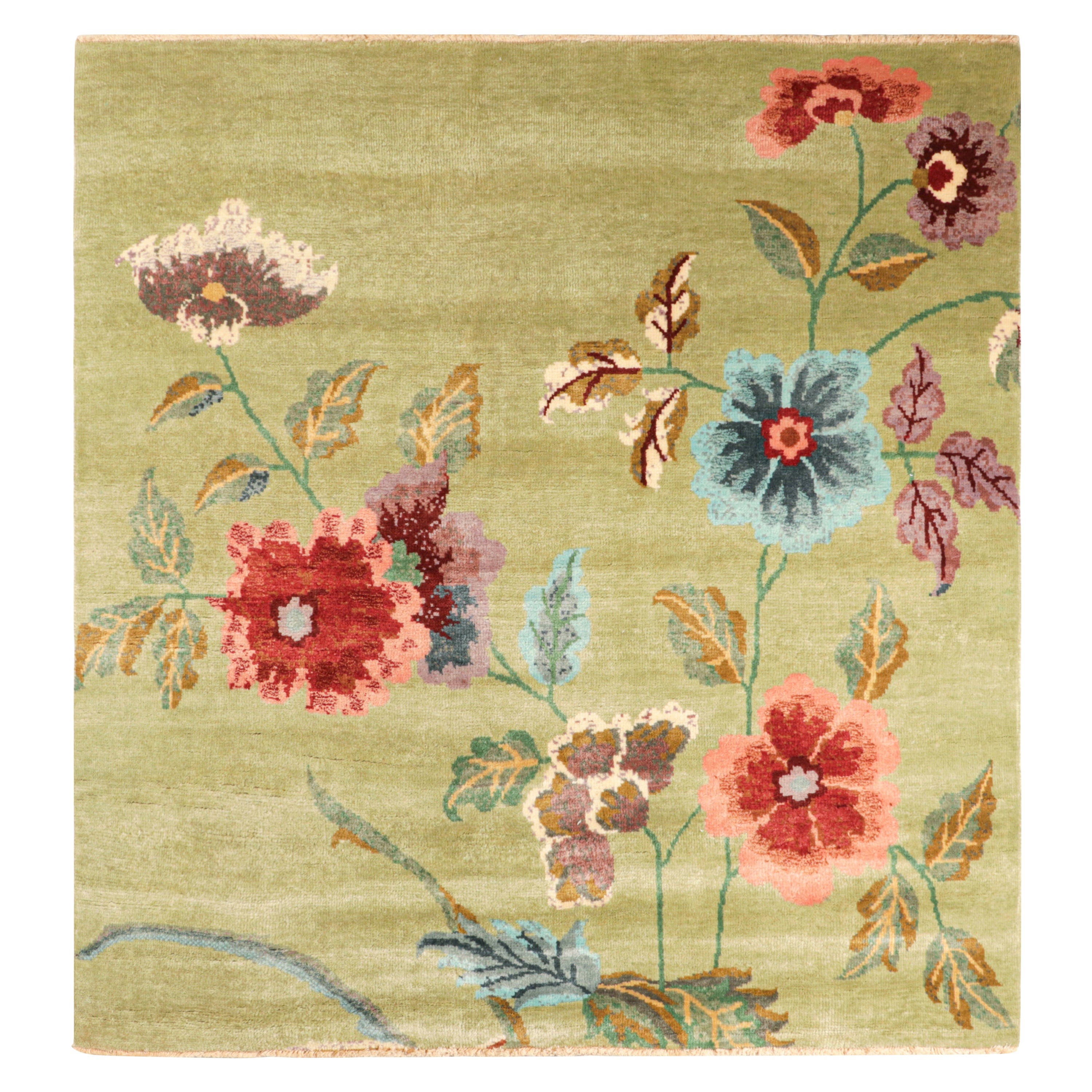 Rug & Kilim’s Chinese Art Deco Style Square Rug in Green with Floral Patterns For Sale
