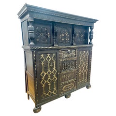 Antique French Large Cabinet Sideboard Credenza Black and Gold Hand Painted