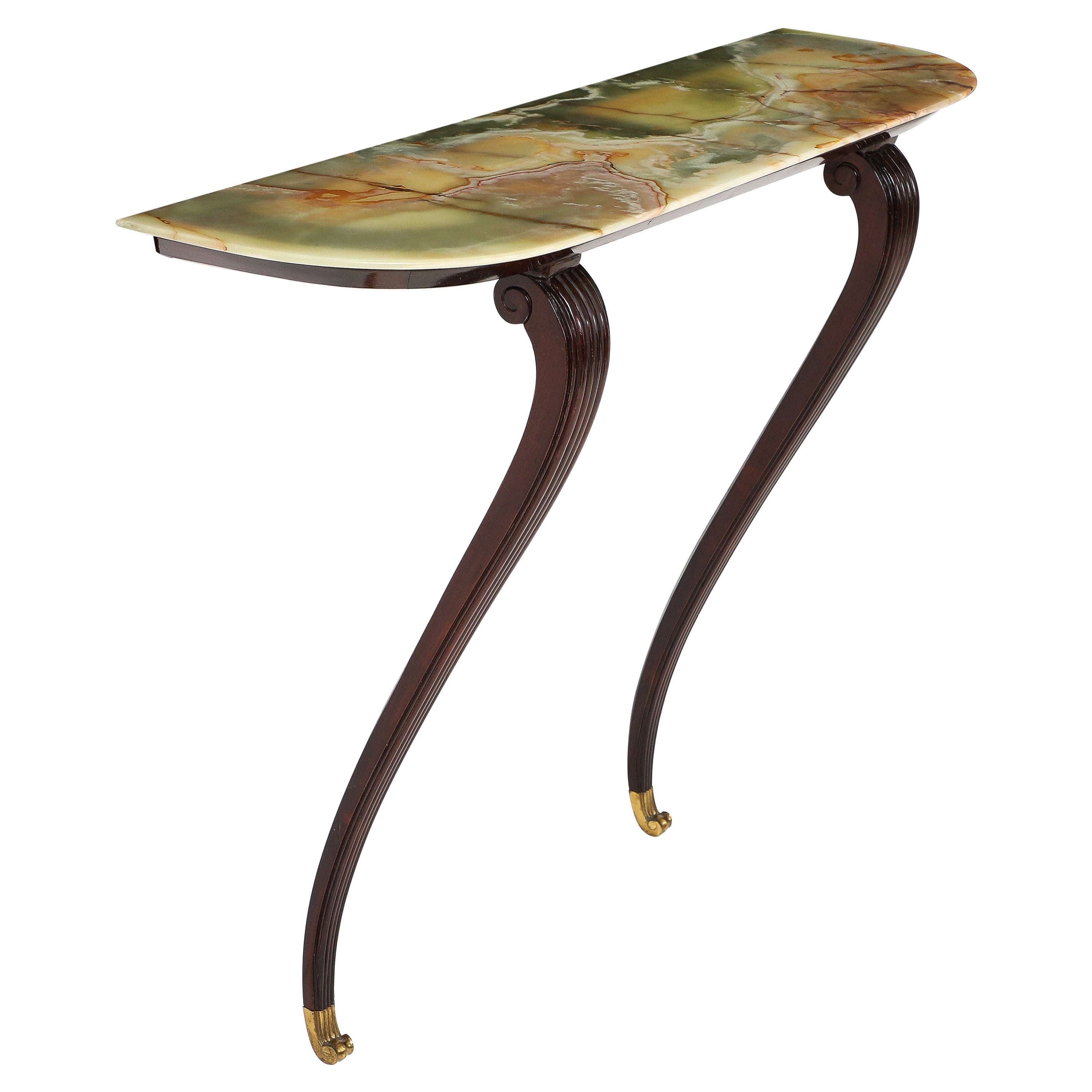 Italian 1940's Walnut Console Table with Onyx Top For Sale