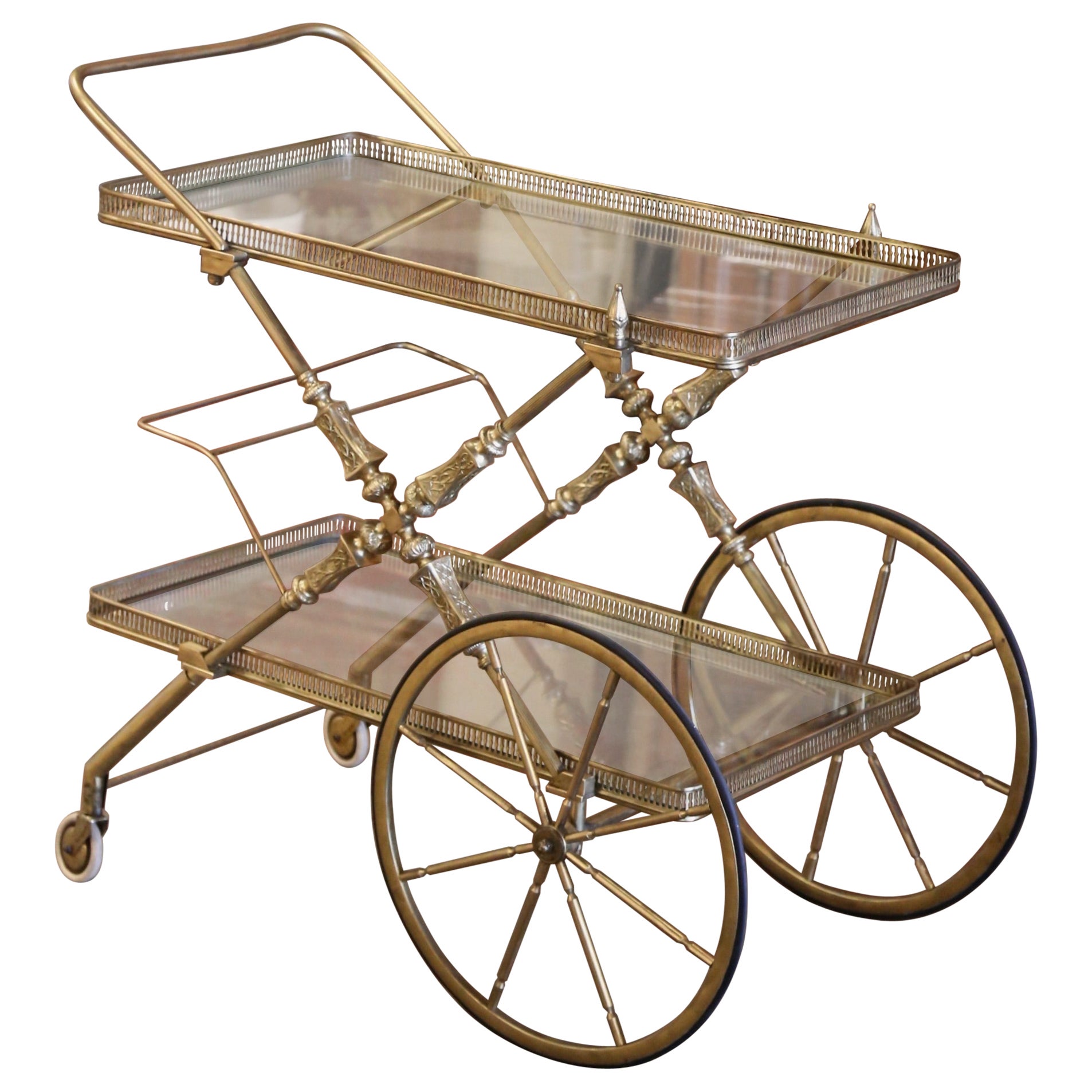 Mid-Century French Bagues Style Two-Tier Brass Bar Cart on Wheels