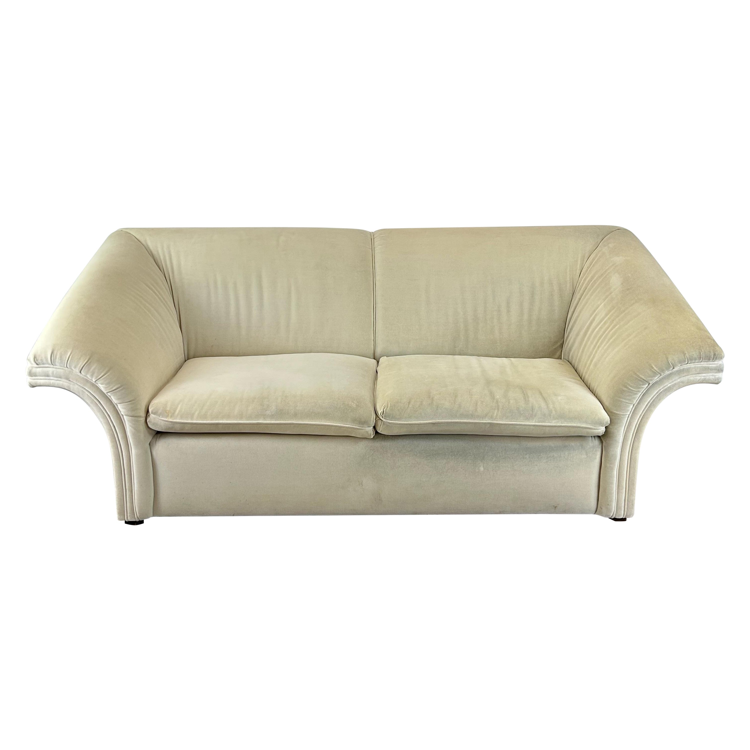 Postmodern White Sofa with Unique Flared Back For Sale