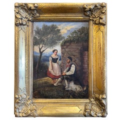Early 19th Century French Oil on Canvas Pastoral Painting in Carved Gilt Frame