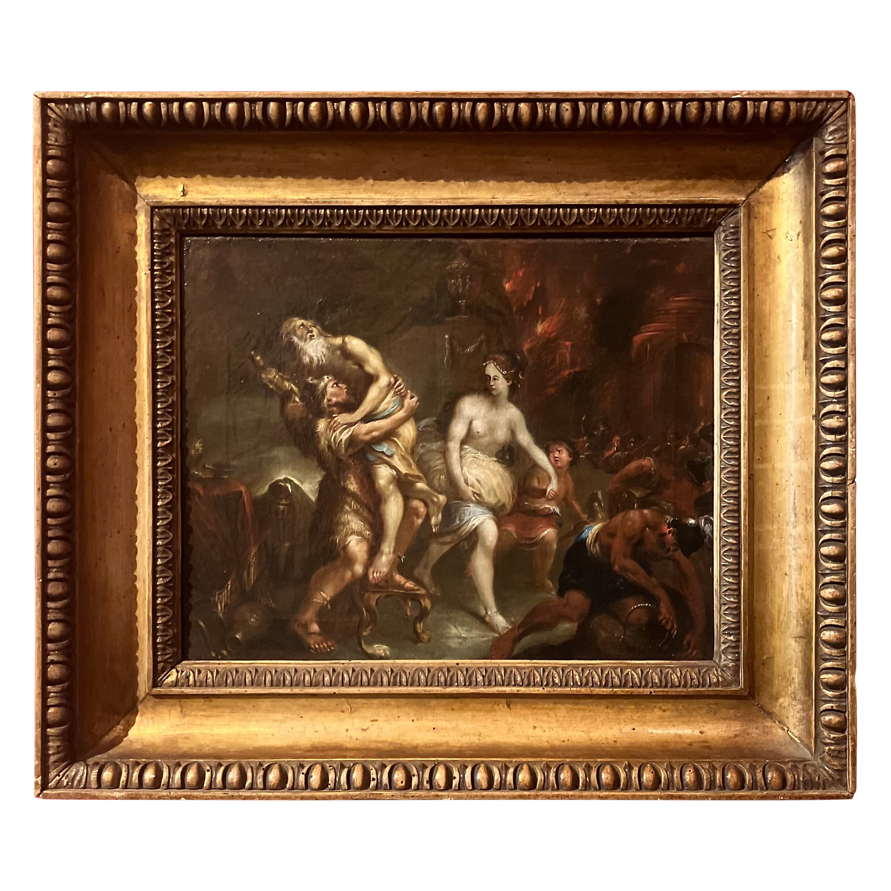 Enea in fuga dall'incendio di Troia, dipinto olio su tela fiammingo del XVII secolo