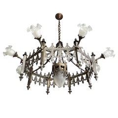 Extra Large Antique Bronze & Brass Gothic Revival Church or Chateau Chandelier