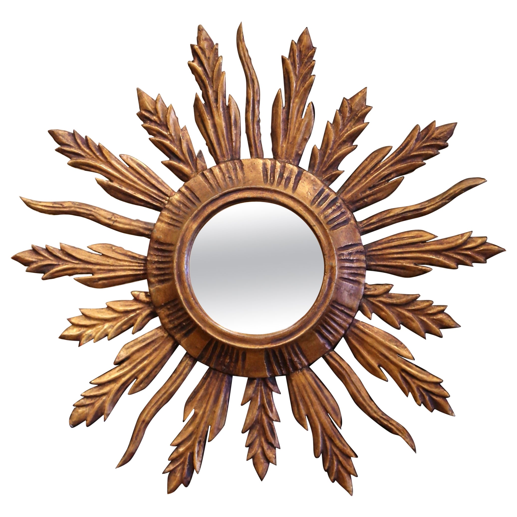 Mid-Century Französisch geschnitzt Giltwood gemalt Wand Sunburst Spiegel