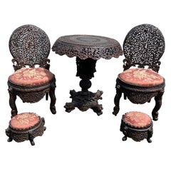 Burmese Hand Carved Reticulated Hardwood Set w/ Table, Chairs, & Footstools