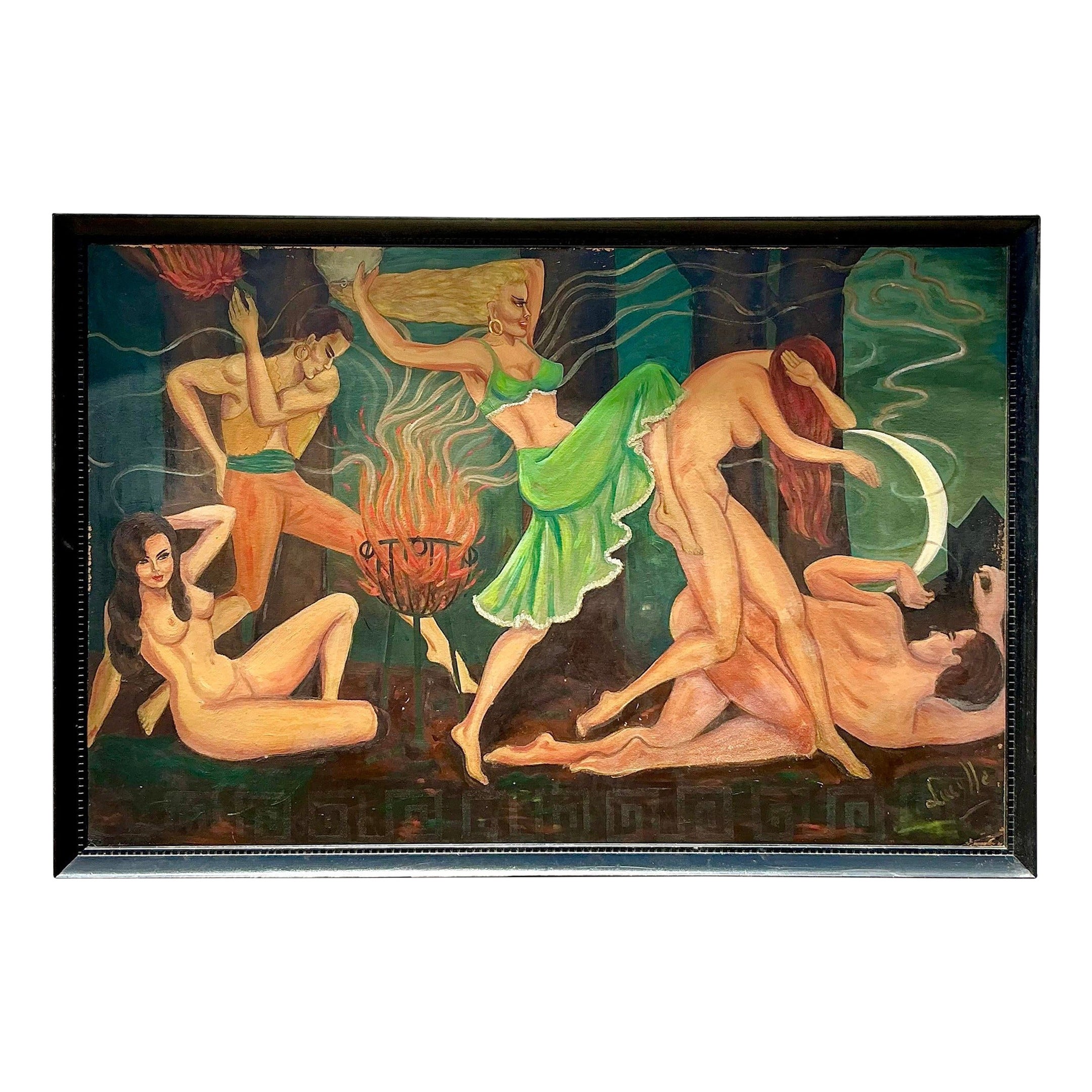 Vintage Boho Original Figurative Oil Painting on Board