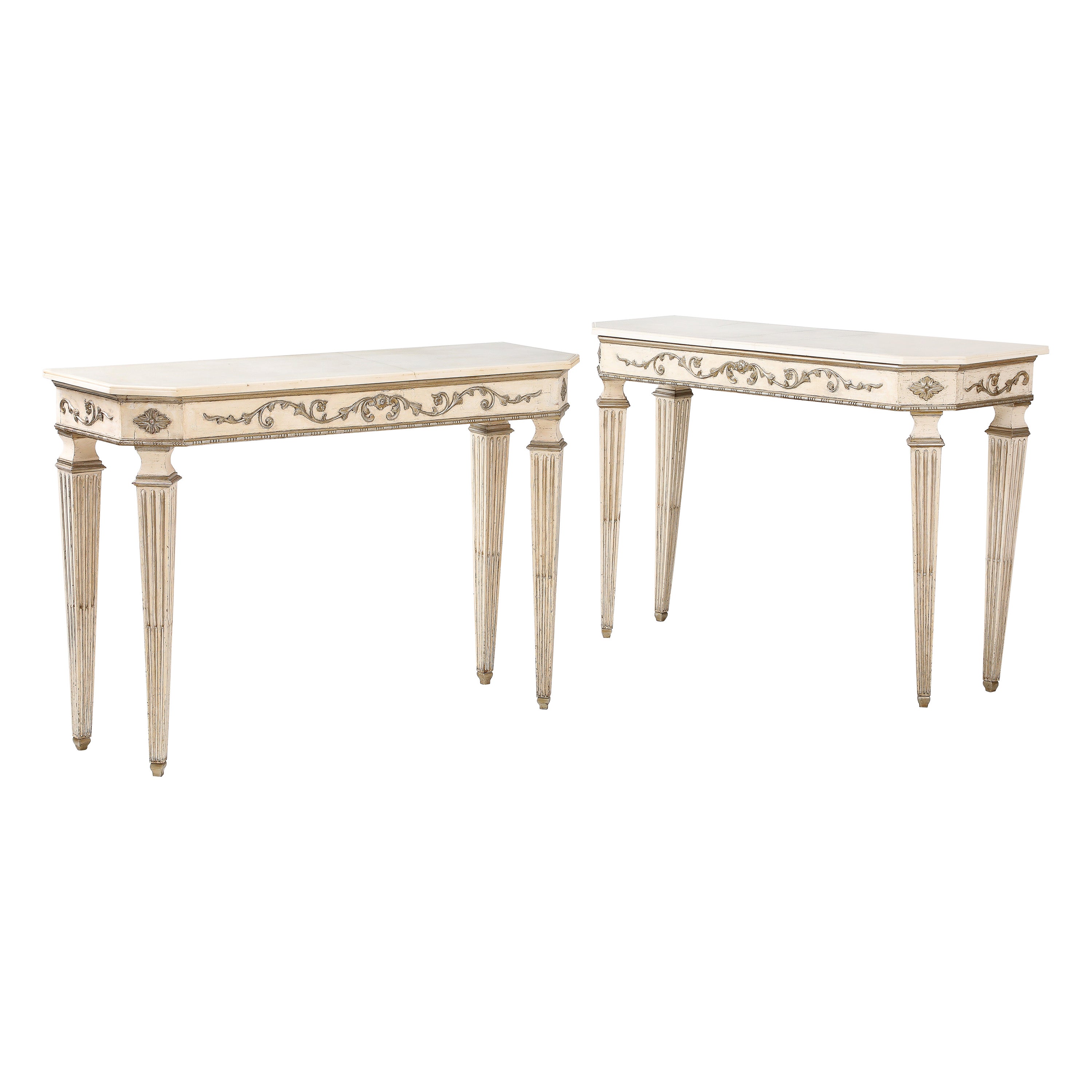Pair of Italian Directoire Carved and Painted Console Tables, circa 1810 For Sale