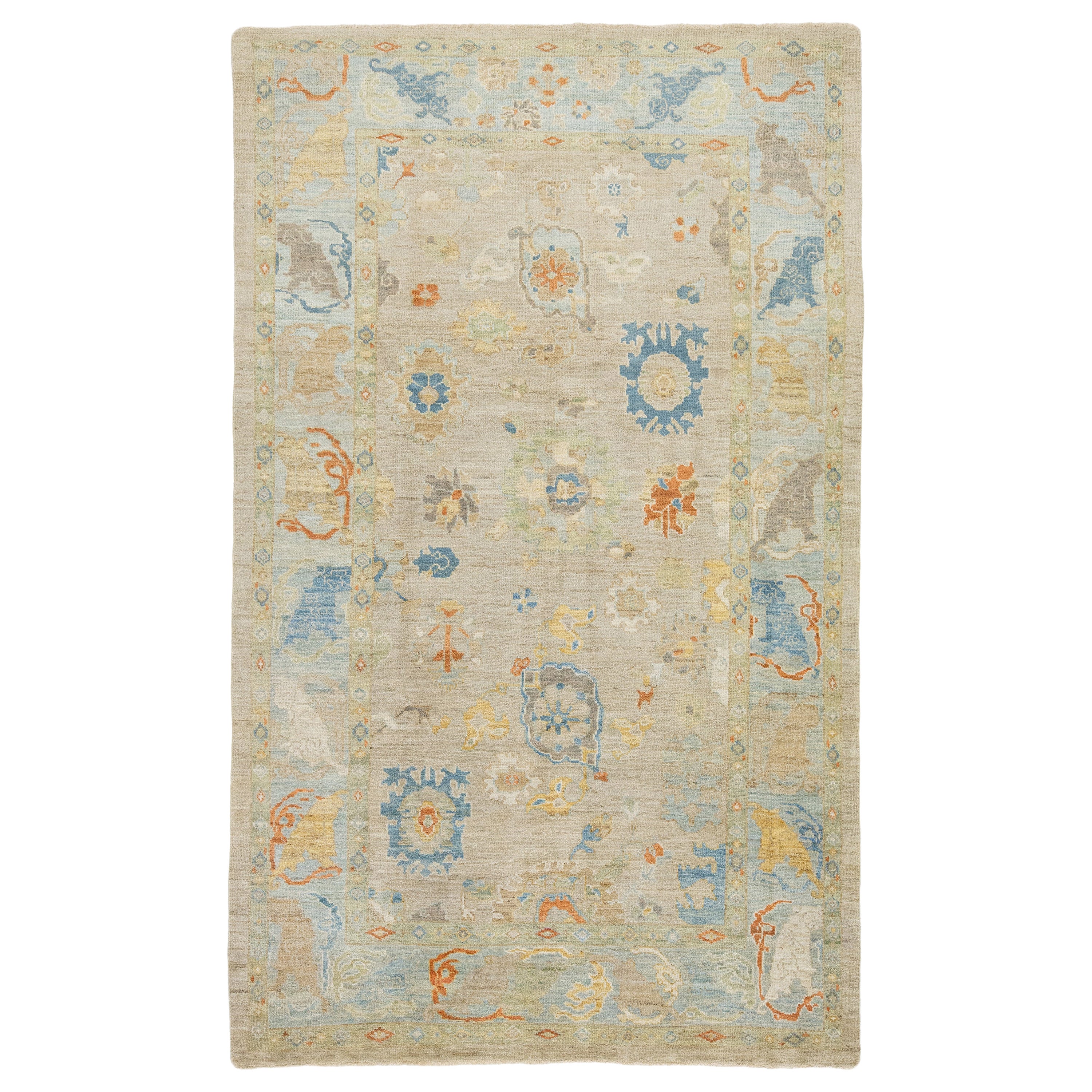 Apadana's Contemporary Light Brown Sultanabad Wool Rug With Allover Design