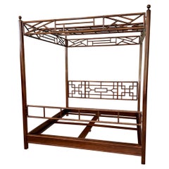 Used Late 20th Century Wood Rattan Fretwork Chippendale Four Poster Canopy King Bed