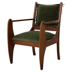 Vintage Amsterdam School Deco Oak Chair with Emerald Velvet Upholstery and Leather Lace