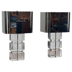 Pair of Karl Springer Acrylic Table Lamps with Stainless Steel Shades