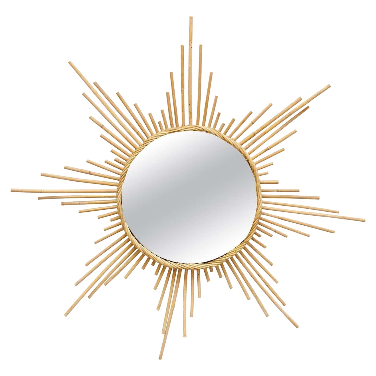 French Mid-Century Modern Handcrafted Rattan Wall Mirror - Circa 1960