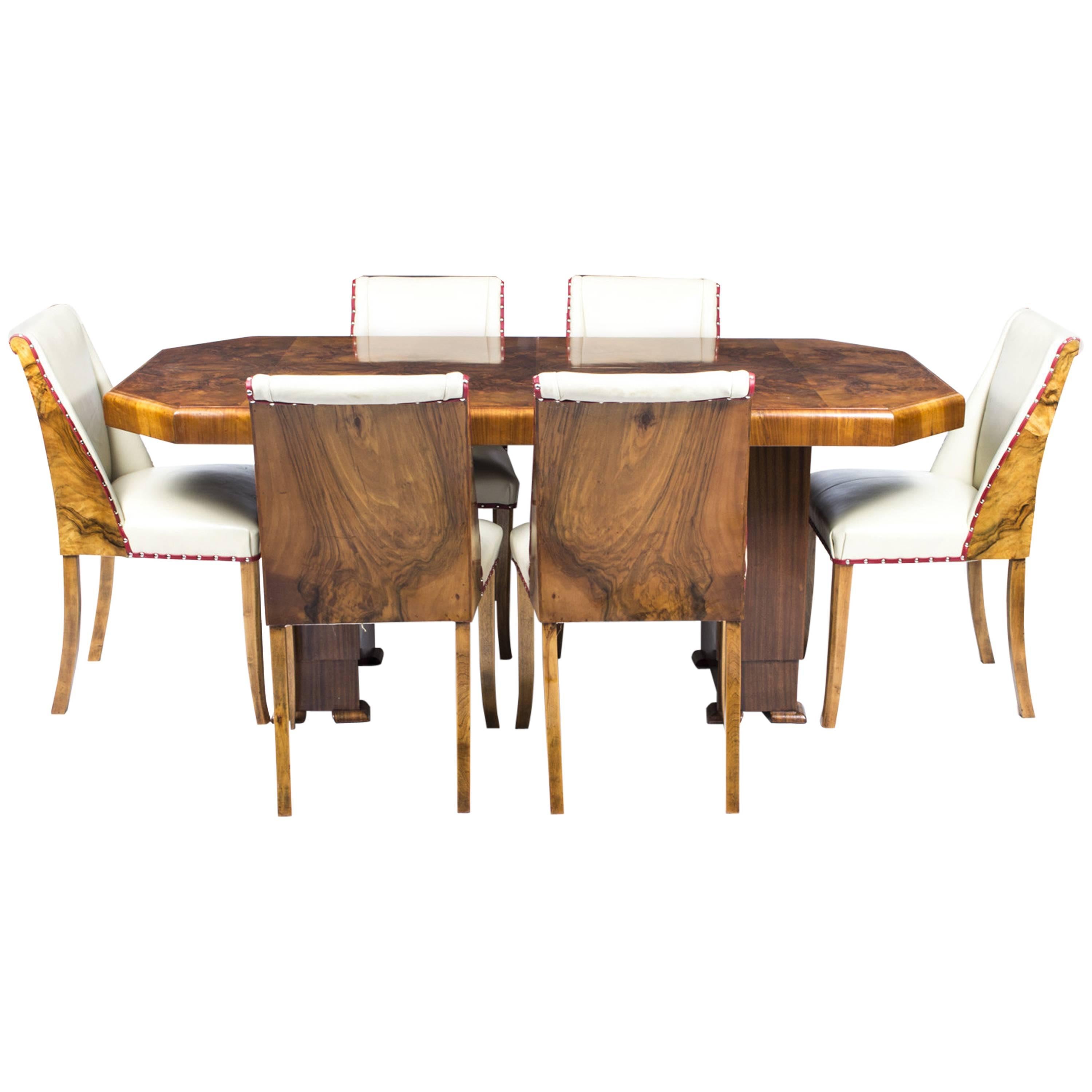 Antique Art Deco Burr Walnut Dining Table Six Chairs, circa 1930