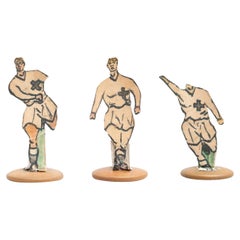 Satz von 3 traditionellen antiken Knopf-Fußballspielfiguren, um 1950