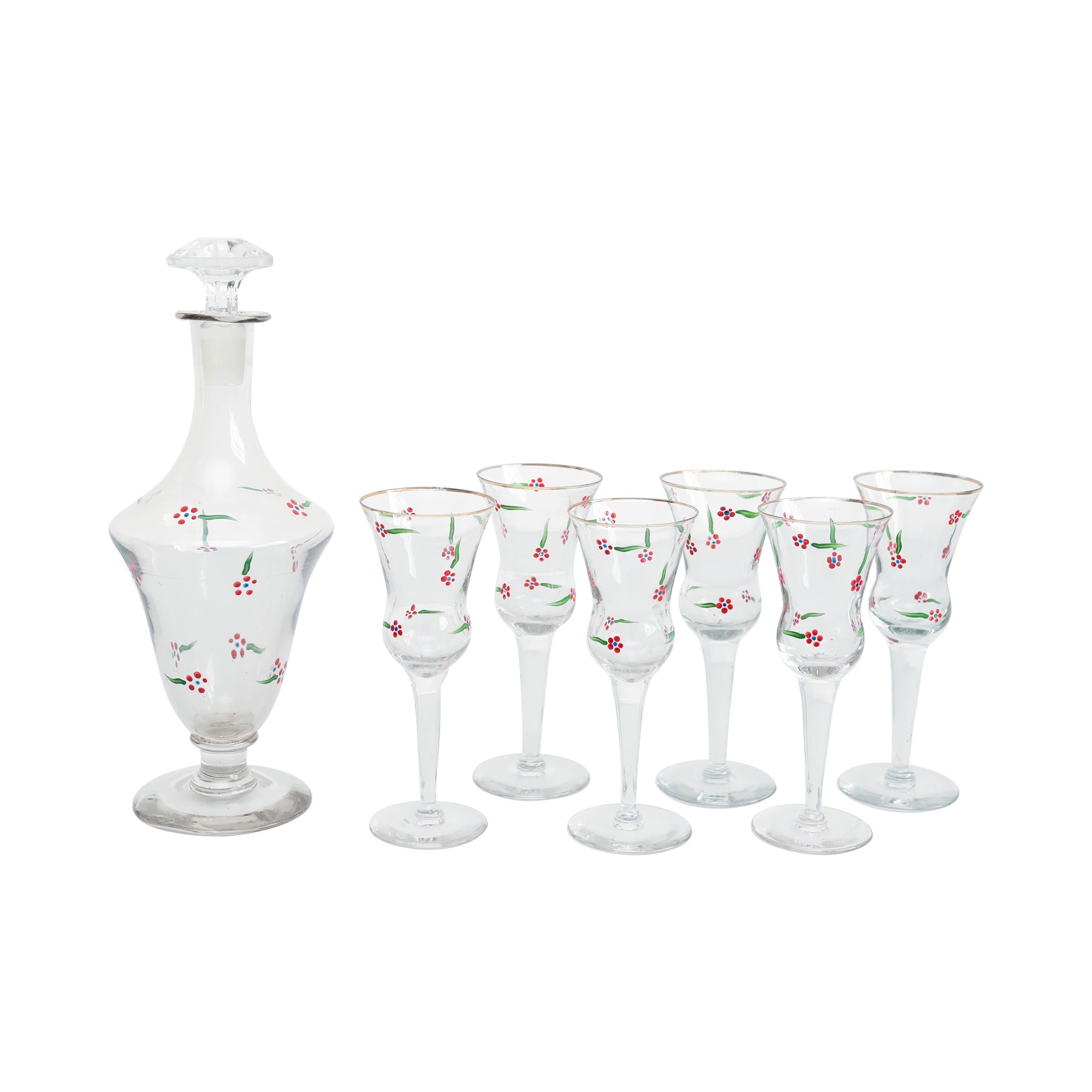 Ensemble de 6 tasses à vin et vase en verre peints à la main, circa 1940