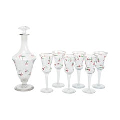 Set of 6 Vintage hand painted Glass Wine Cups and Glass Vase, circa 1940