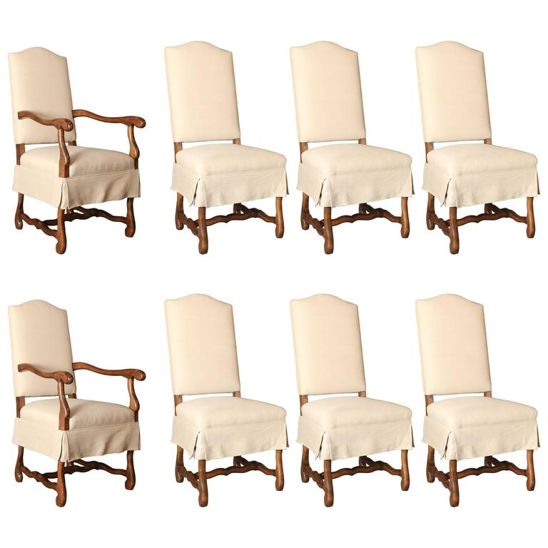 Set of Eight Os de Mouton Dining Chairs with tailored linen chair