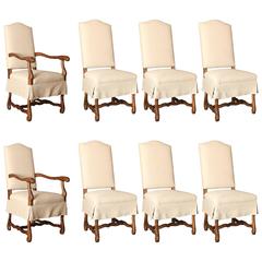 Set of Eight Os de Mouton Dining Chairs with tailored linen chair skirts