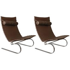 Pair of Brown Leather Poul Kjærholm PK20 Chairs