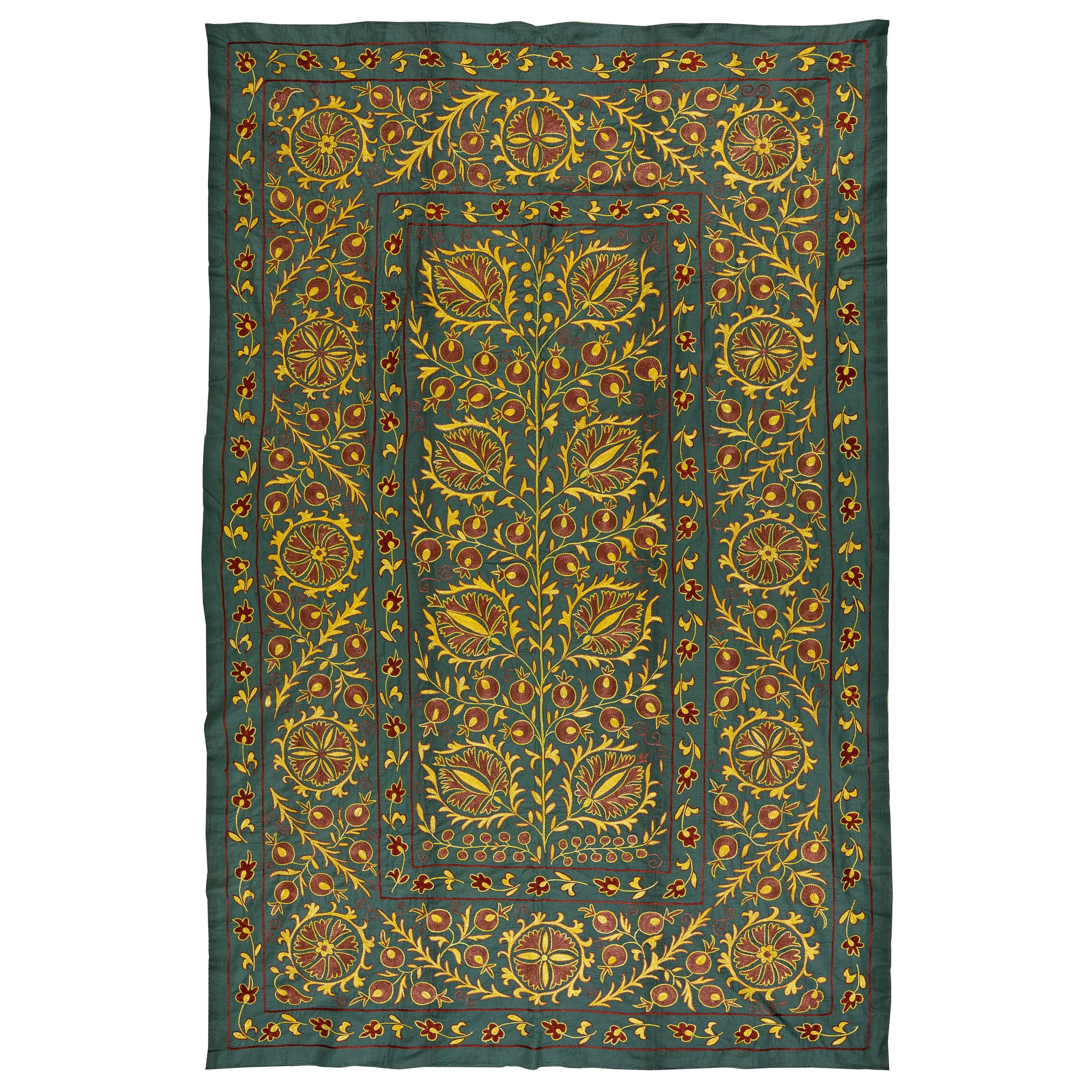 4.6x6.9 ft Silk Embroidery Wall Hanging, Modern Green Tapestry, Uzbek Wall Decor