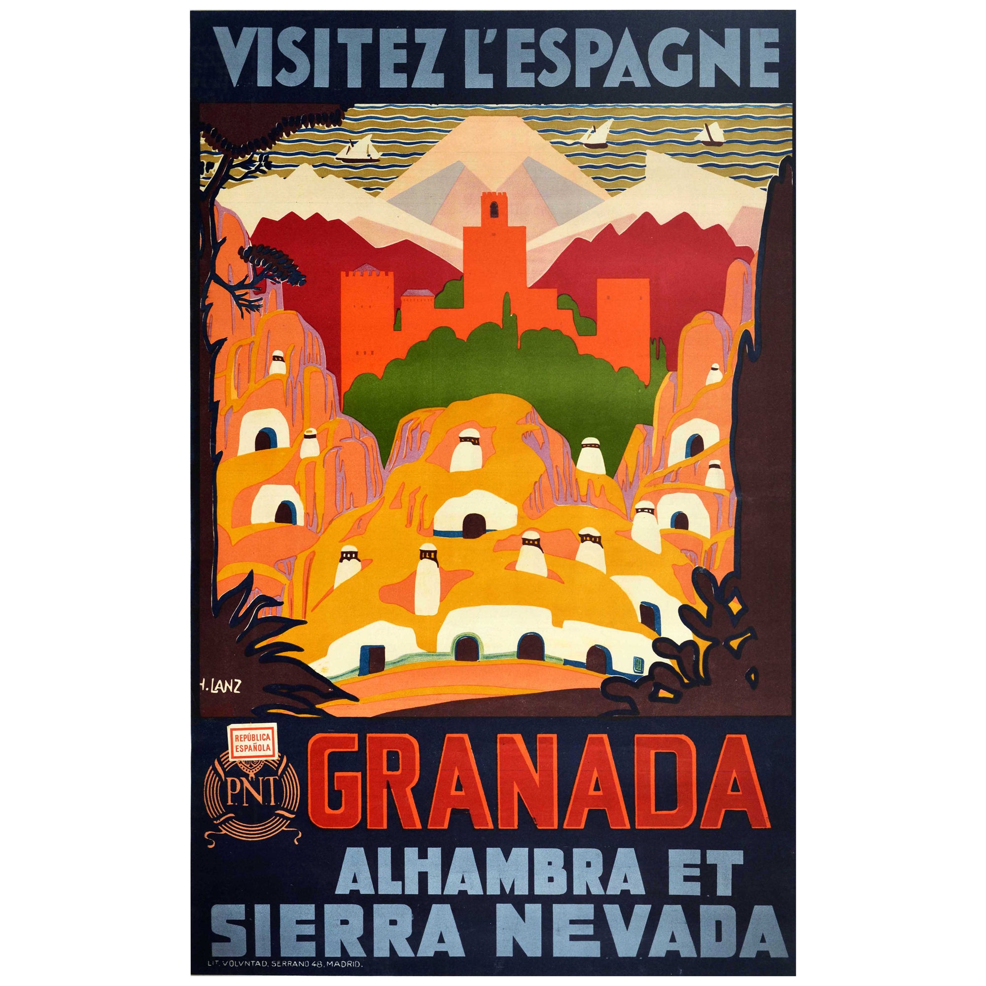 Affiche de voyage originale Granada Visit Spain PNT Alhambra Sierra Nevada