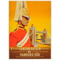 Affiche vintage originale de voyage de croisière London Reisen Hamburg Sud Ottomar Anton