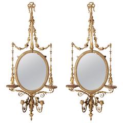 Pair of Tall Giltwood Adam-Style Mirror/Girandoles