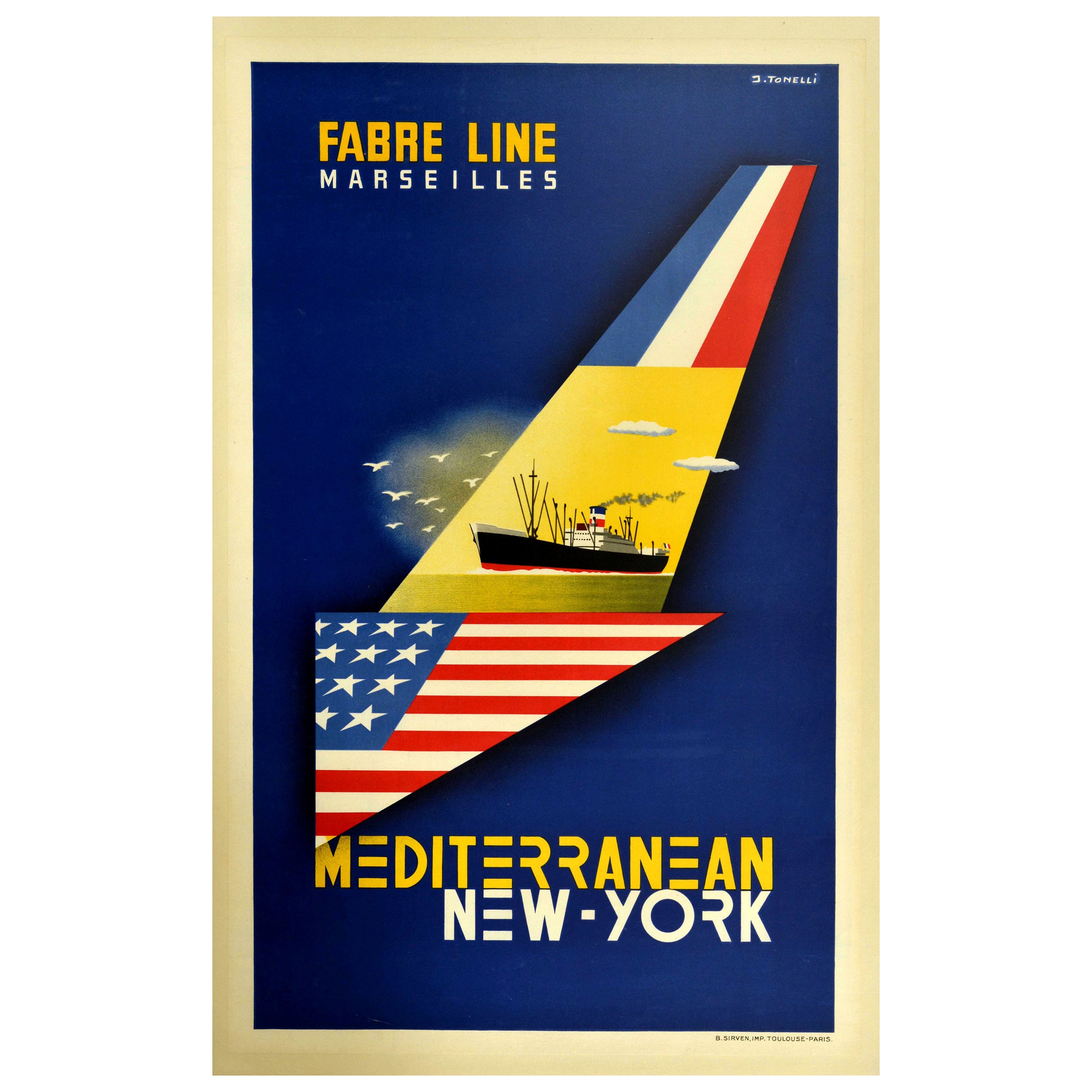 Affiche rétro originale de croisière Fabre Line Marseilles Mediterranean New York