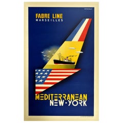 Original-Vintage-Reiseplakat Fabre Line Marseilles, Mittelmeerraum, New York