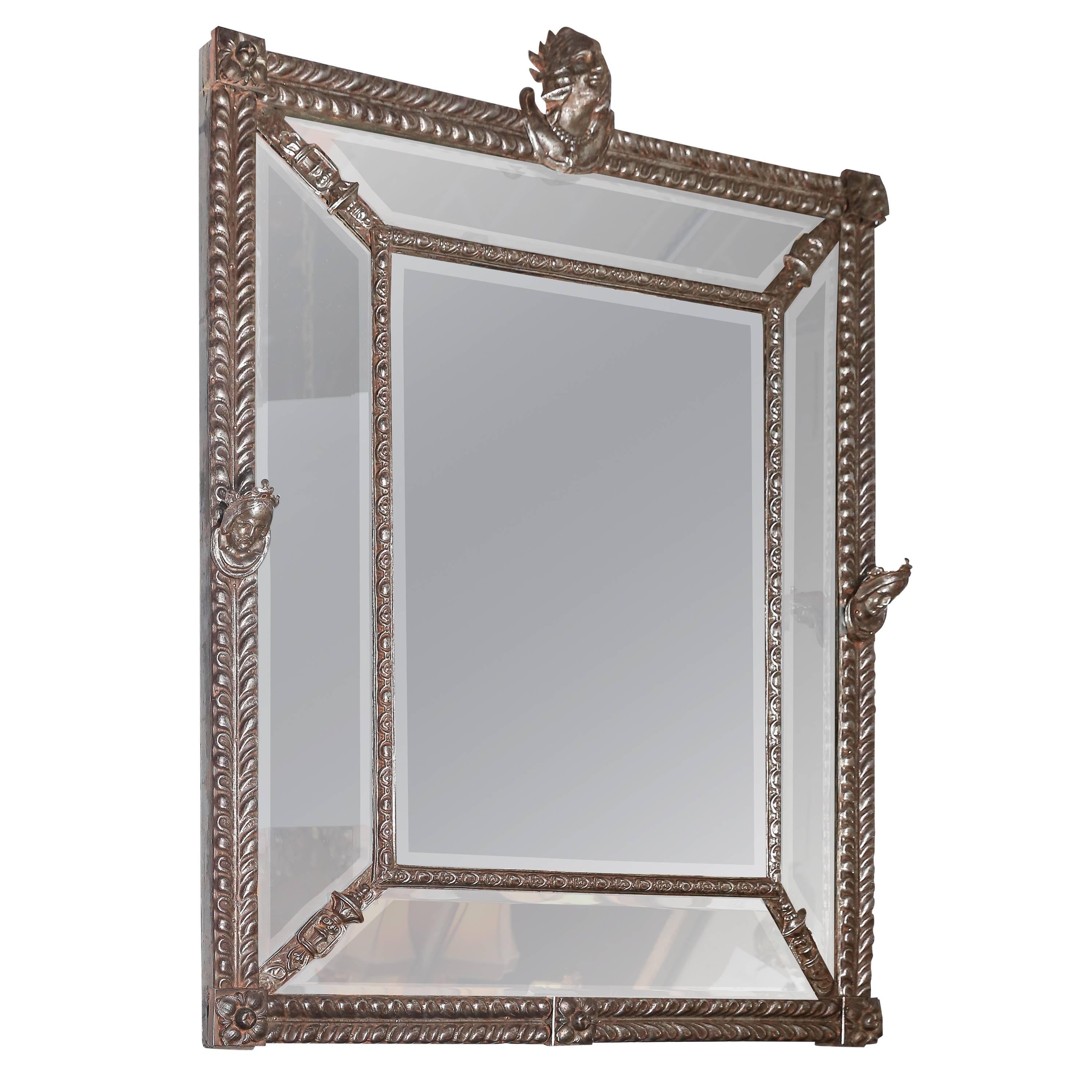 Large Beveled Mirror with Decorative Metal Frame