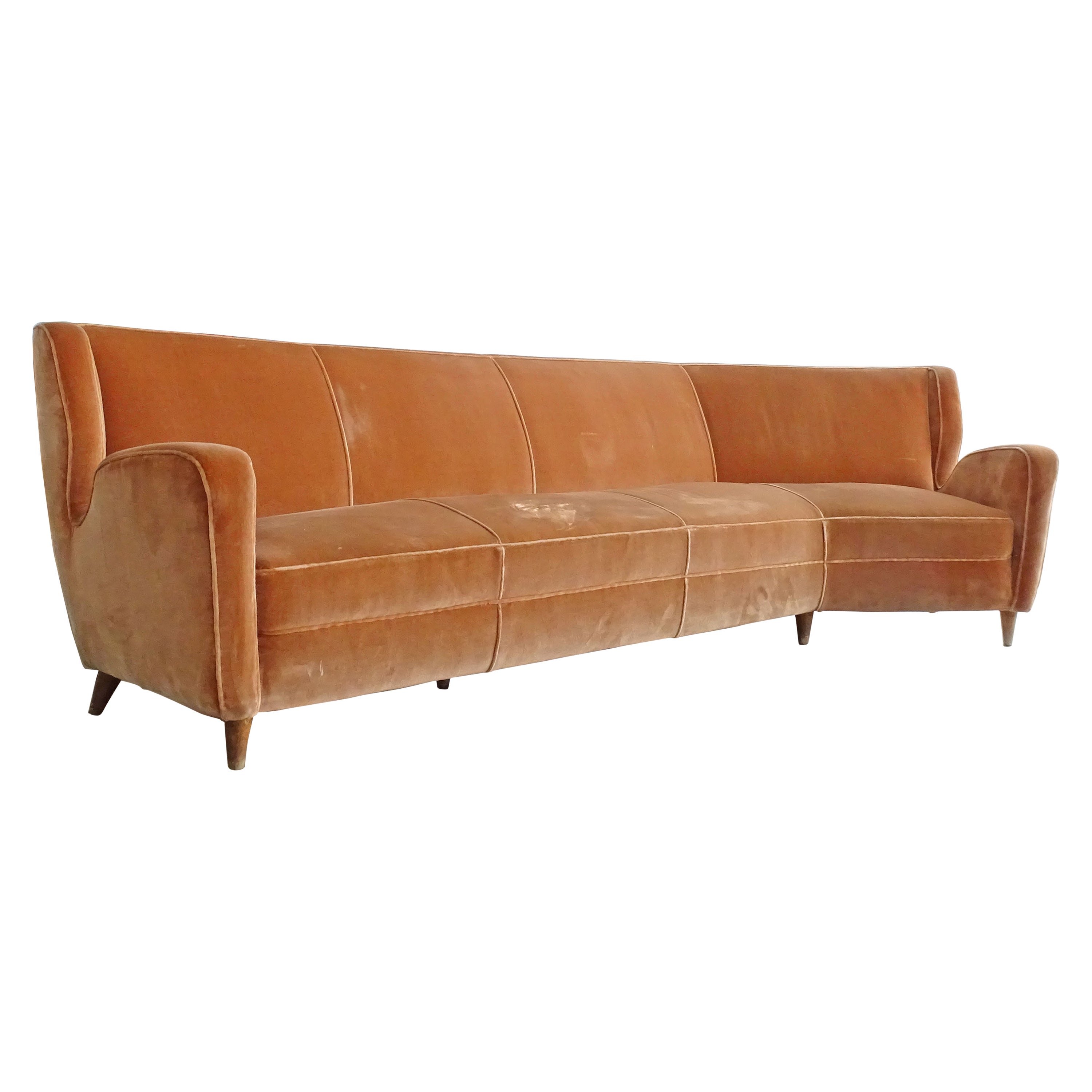Large Italian 1950s Angular Sofa in Peach Velvet