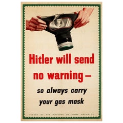 Poster originale della Seconda Guerra Mondiale Hitler non invierà alcuna maschera antigas WWII