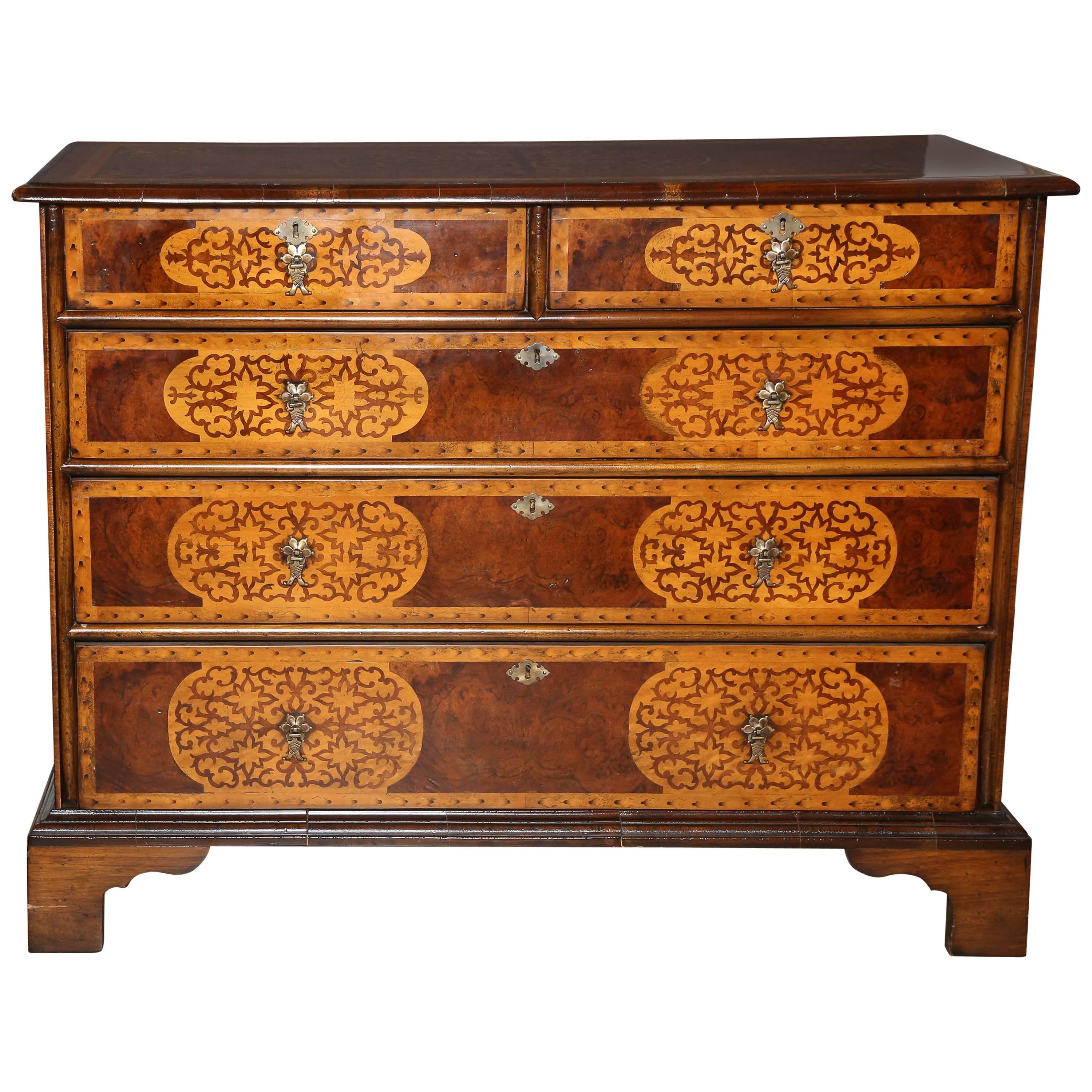 19th Century Walnut Queen Anne Chest with Seaweed Marquetry