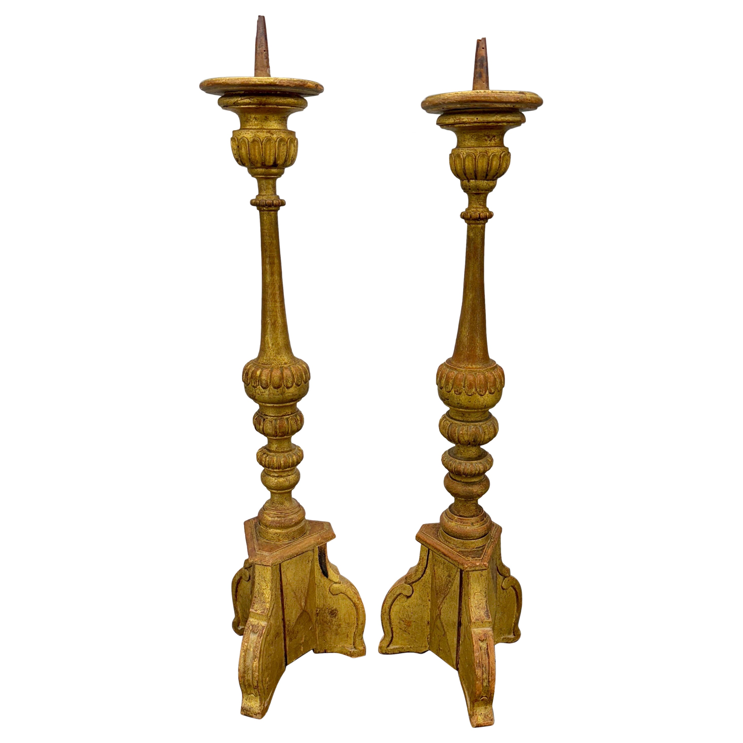 Two Tall Italian Gold Gilded Pricket Alter Candlesticks