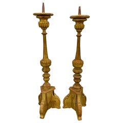 Two Tall Italian Gold Gilded Pricket Alter Candlesticks