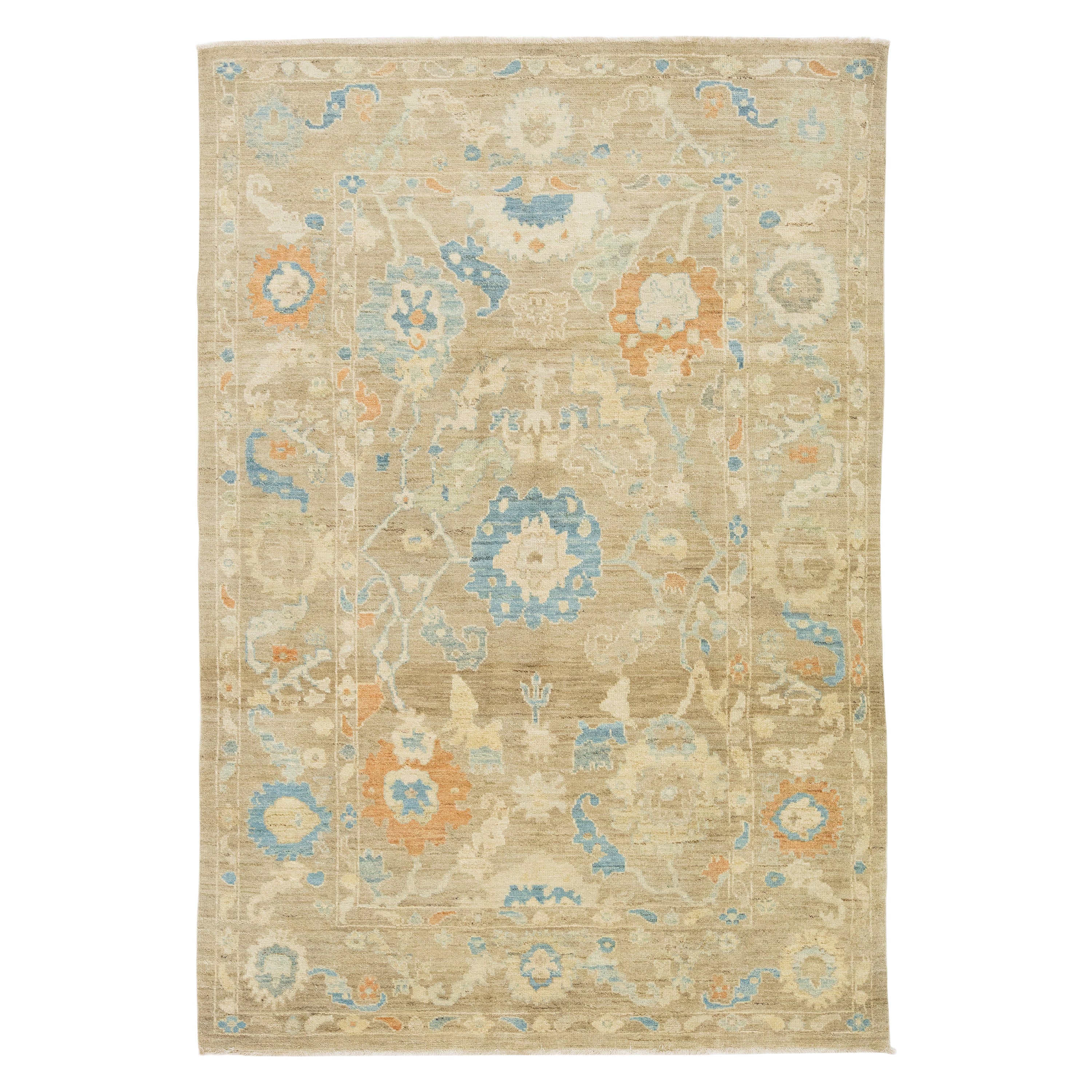 Light Brown Contemporary Sultanabad Floral Wool Rug By Apadana