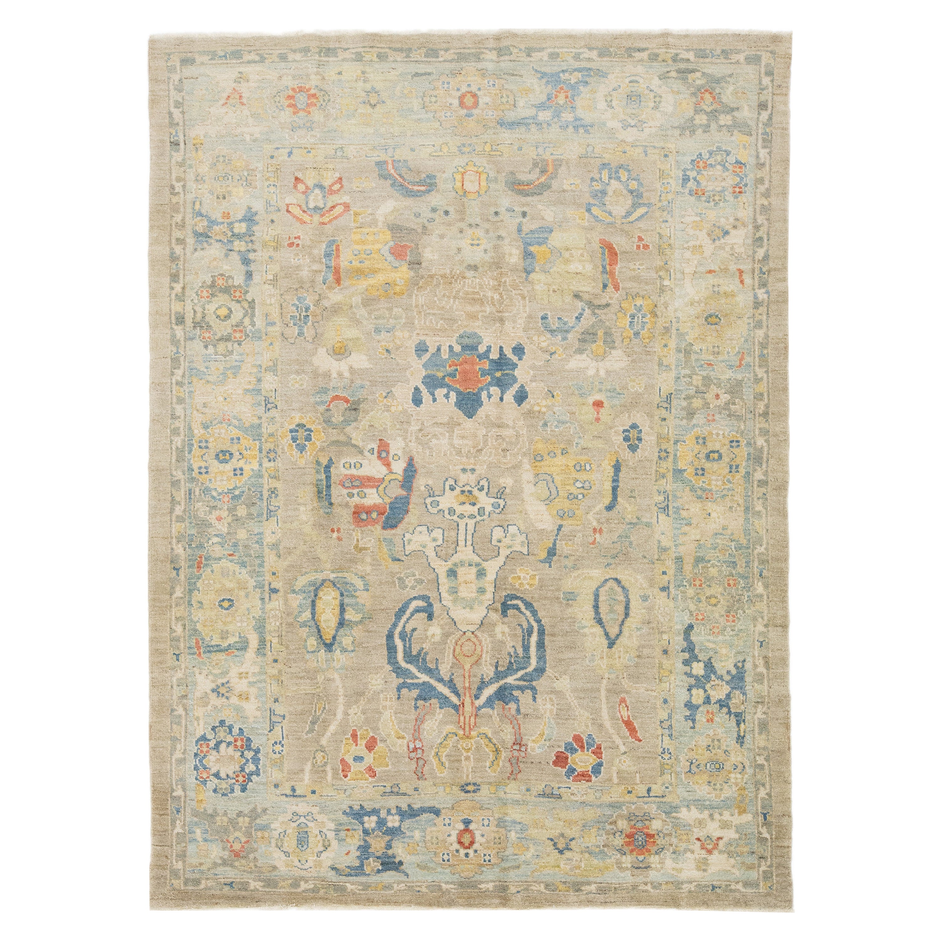 Apadana's Moderner beiger Sultanabad-Wollteppich in Beige mit Allover-Design