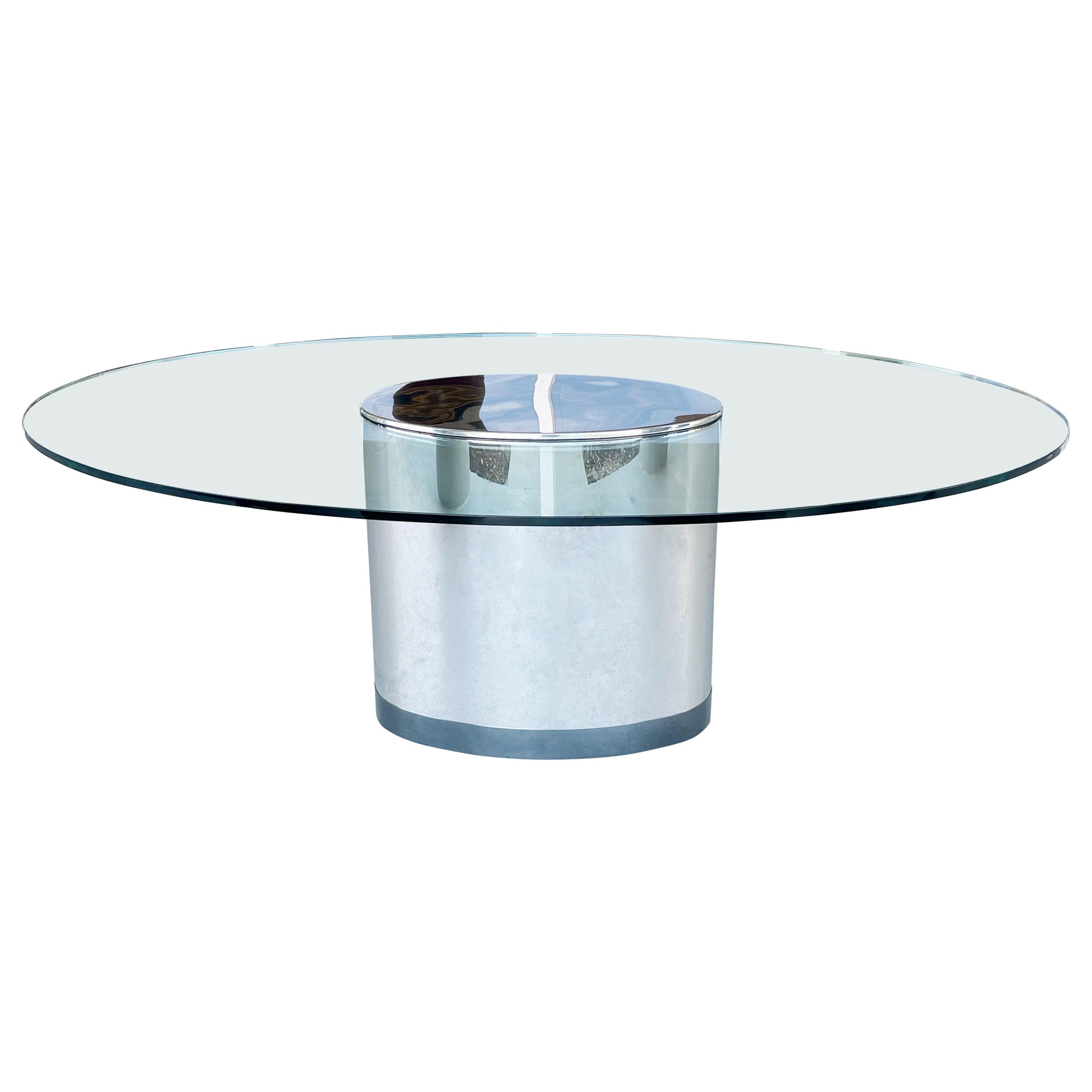 Table de salle à manger ovale en acier inoxydable et verre de style Cini Boeri