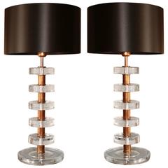 Pair of Italian Clear Glass Disc Lamps