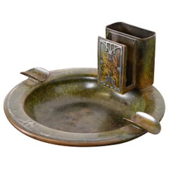 Cendrier Arts & Crafts en argent sterling sur bronze avec porte-boîte assortie