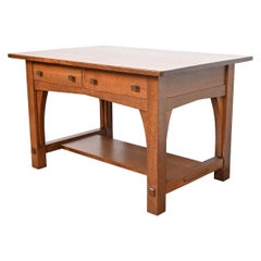 Escritorio o mesa de biblioteca Limbert Antique Mission Oak Arts & Crafts, repintado
