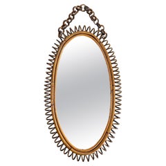 Vintage Oval Wall Mirror With Chain By Franco Albini Mid-Century Wicker And Bamboo 1960s