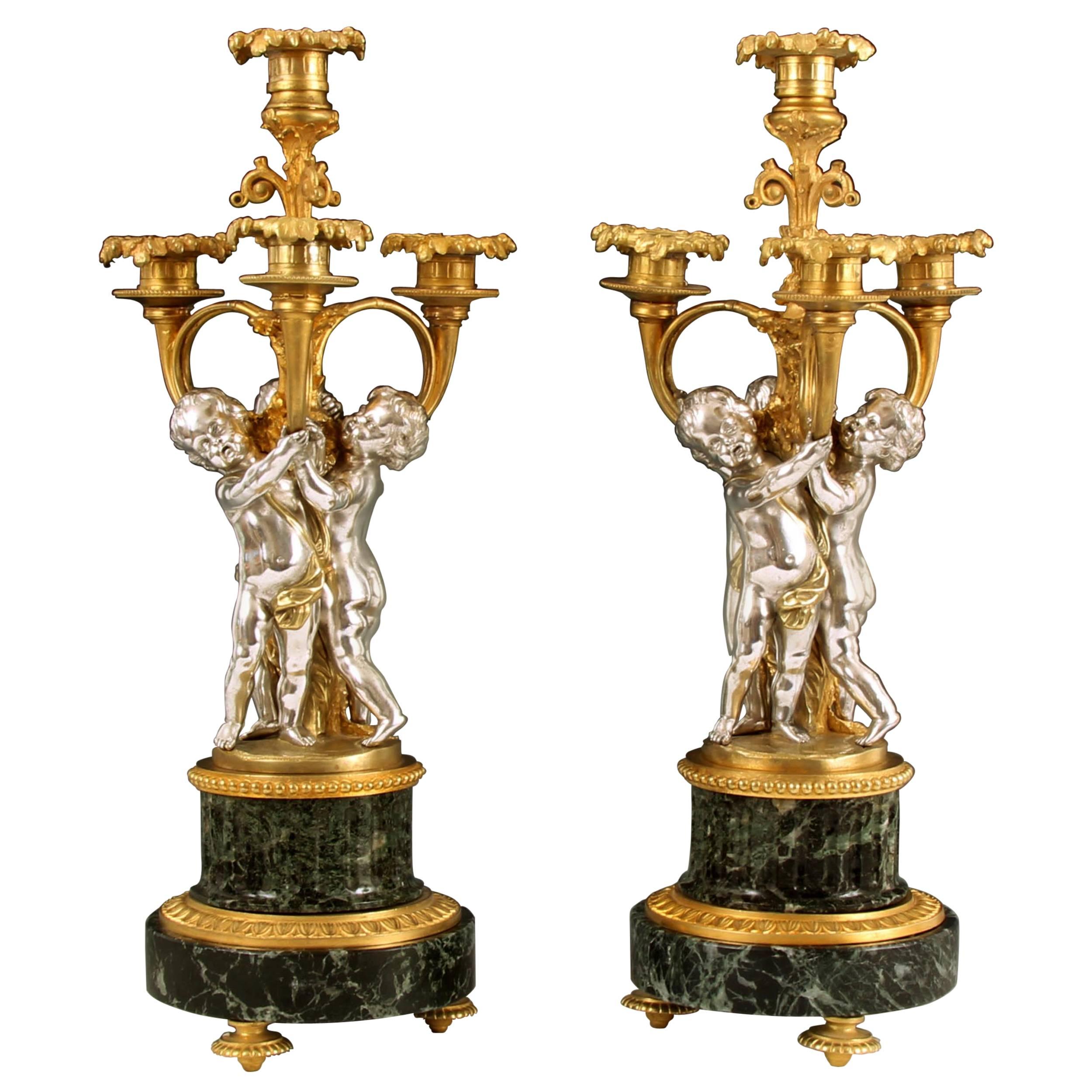 Rare Pair Louis XV Style Silvered Bronze Gilt Bronze and Marble Candelabra